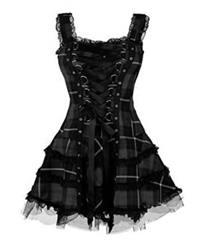 ECDAHICC Frauen Kariert Lace Up Gothic Strap Skater Kleid Vintage Square Neck Ärmellos Mini Kleid Spaghetti Straps Steampunk Halloween A-Linie Mesh Kurzes Allegra Kleid von ECDAHICC