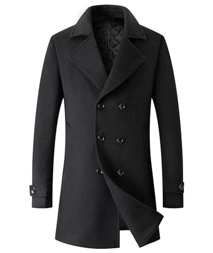 ECDAHICC Herren Klassischer Double Breasted Wolle Mischung Erbsenmantel Winter Warm Midi Mantel(BL,M) von ECDAHICC