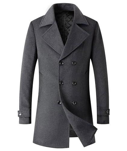 ECDAHICC Herren Klassischer Double Breasted Wolle Mischung Erbsenmantel Winter Warm Midi Mantel(GY,2XL) von ECDAHICC
