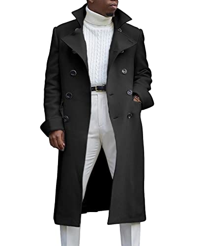 ECDAHICC Herren Notch Revers Zweireihiger langer Trenchcoat Casual Baumwollmischung Peacoat(BL,2XL) von ECDAHICC