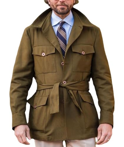 ECDAHICC Männer Single Breasted Gürtel Trench Mantel Revers Safari Militärjacke Casual Slim Fit Leichte Midi Windbreaker(AG,S) von ECDAHICC