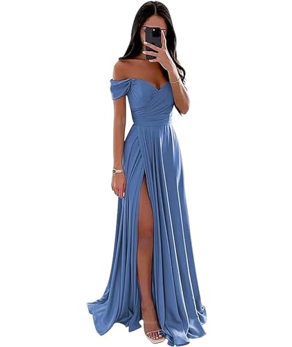 ECDAHICC Schulterfreies Brautjungfernkleid Für Damen Satin Langer Schlitz Elegantes Formelles Abendkleid A-Linie Hochzeits und Partykleid BE-XL von ECDAHICC