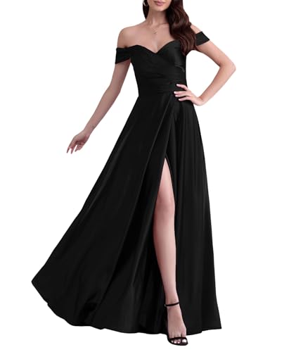 ECDAHICC Schulterfreies Brautjungfernkleid Für Damen Satin Langer Schlitz Elegantes Formelles Abendkleid A-Linie Hochzeits und Partykleid BL-M von ECDAHICC