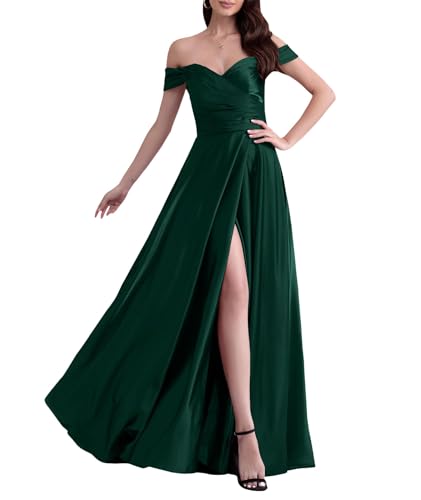 ECDAHICC Schulterfreies Brautjungfernkleid Für Damen Satin Langer Schlitz Elegantes Formelles Abendkleid A-Linie Hochzeits und Partykleid DN-XS von ECDAHICC