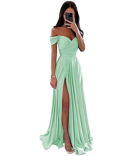 ECDAHICC Schulterfreies Brautjungfernkleid Für Damen Satin Langer Schlitz Elegantes Formelles Abendkleid A-Linie Hochzeits und Partykleid GR-M ECDAHICC Schulterfreies Brautjungfernkleid Für Damen Satin Langer Schlitz Elegantes Formelles Abendkleid A-Linie Hochzeits und Partykleid GR-M von ECDAHICC