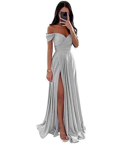 ECDAHICC Schulterfreies Brautjungfernkleid Für Damen Satin Langer Schlitz Elegantes Formelles Abendkleid A-Linie Hochzeits und Partykleid GY-XS von ECDAHICC