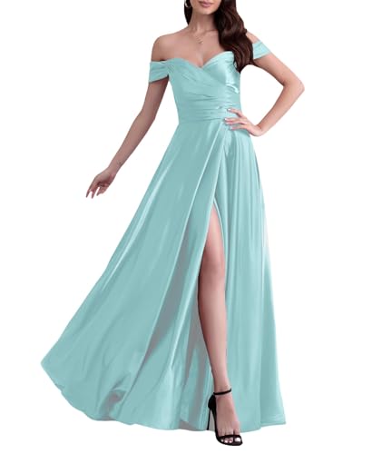ECDAHICC Schulterfreies Brautjungfernkleid Für Damen Satin Langer Schlitz Elegantes Formelles Abendkleid A-Linie Hochzeits und Partykleid LB-XL ECDAHICC Schulterfreies Brautjungfernkleid Für Damen Satin Langer Schlitz Elegantes Formelles Abendkleid A-Linie Hochzeits und Partykleid LB-XL von ECDAHICC