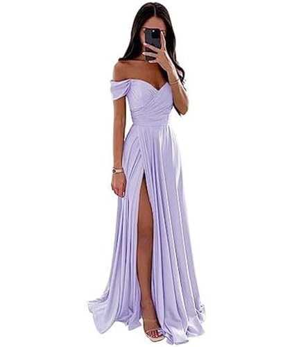 ECDAHICC Schulterfreies Brautjungfernkleid Für Damen Satin Langer Schlitz Elegantes Formelles Abendkleid A-Linie Hochzeits und Partykleid LP-M von ECDAHICC