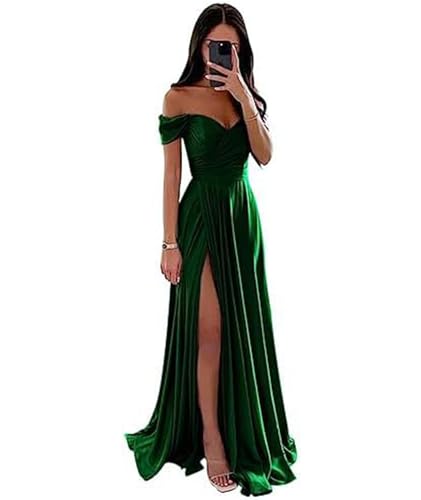 ECDAHICC Schulterfreies Brautjungfernkleid Für Damen Satin Langer Schlitz Elegantes Formelles Abendkleid A-Linie Hochzeits und Partykleid OL-L von ECDAHICC