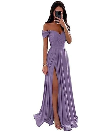 ECDAHICC Schulterfreies Brautjungfernkleid Für Damen Satin Langer Schlitz Elegantes Formelles Abendkleid A-Linie Hochzeits und Partykleid PE-S von ECDAHICC