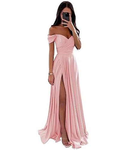 ECDAHICC Schulterfreies Brautjungfernkleid Für Damen Satin Langer Schlitz Elegantes Formelles Abendkleid A-Linie Hochzeits und Partykleid PH-M von ECDAHICC