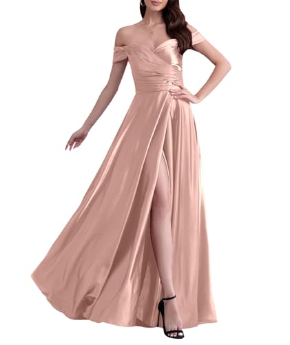 ECDAHICC Schulterfreies Brautjungfernkleid Für Damen Satin Langer Schlitz Elegantes Formelles Abendkleid A-Linie Hochzeits und Partykleid PP-S von ECDAHICC