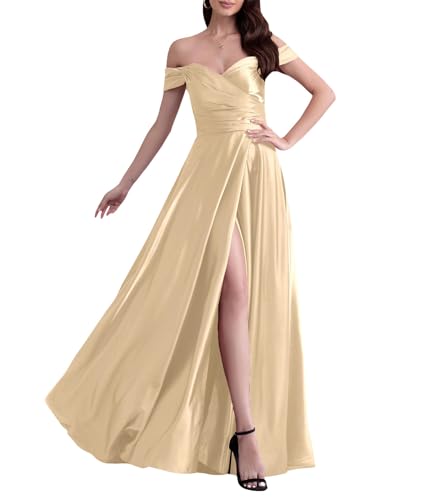 ECDAHICC Schulterfreies Brautjungfernkleid Für Damen Satin Langer Schlitz Elegantes Formelles Abendkleid A-Linie Hochzeits und Partykleid PY-XS von ECDAHICC