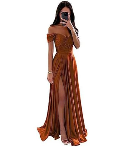 ECDAHICC Schulterfreies Brautjungfernkleid Für Damen Satin Langer Schlitz Elegantes Formelles Abendkleid A-Linie Hochzeits und Partykleid TA-S von ECDAHICC