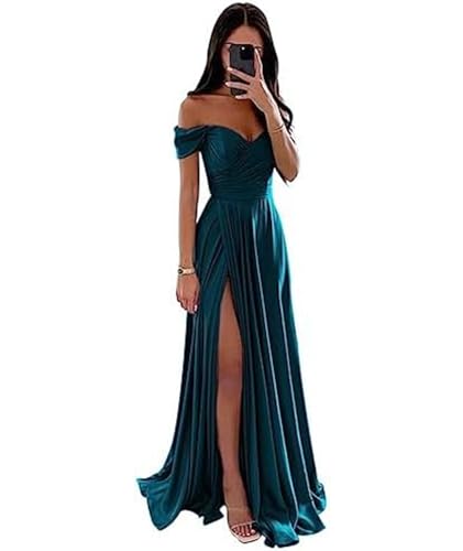 ECDAHICC Schulterfreies Brautjungfernkleid Für Damen Satin Langer Schlitz Elegantes Formelles Abendkleid A-Linie Hochzeits und Partykleid TE-L von ECDAHICC
