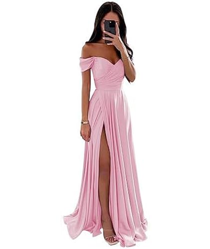 ECDAHICC Schulterfreies Brautjungfernkleid Für Damen Satin Langer Schlitz Elegantes Formelles Abendkleid A-Linie Hochzeits und Partykleid TP-S von ECDAHICC