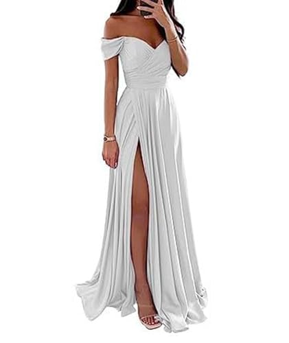 ECDAHICC Schulterfreies Brautjungfernkleid Für Damen Satin Langer Schlitz Elegantes Formelles Abendkleid A-Linie Hochzeits und Partykleid WH-L von ECDAHICC