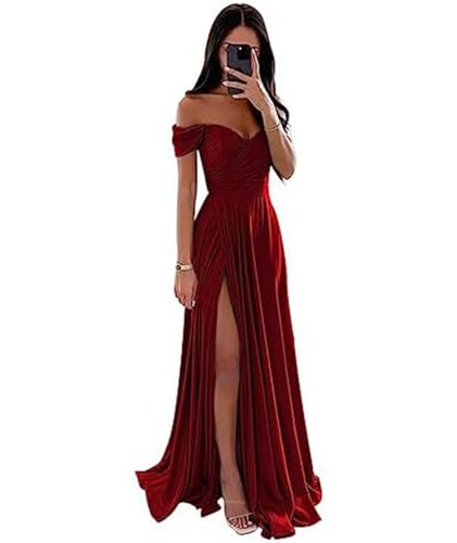 ECDAHICC Schulterfreies Brautjungfernkleid Für Damen Satin Langer Schlitz Elegantes Formelles Abendkleid A-Linie Hochzeits und Partykleid WR-XL von ECDAHICC