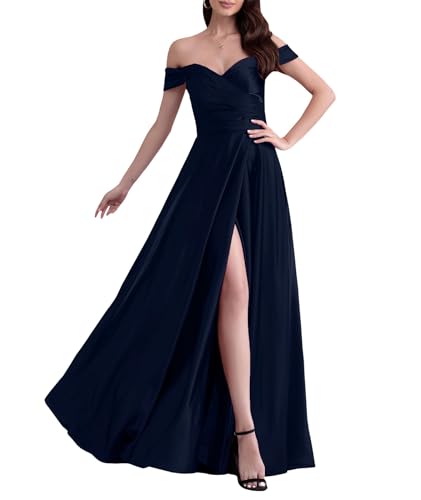 ECDAHICC Schulterfreies Brautjungfernkleid Für Damen Satin Langer Schlitz Elegantes Formelles Abendkleid A-Linie Hochzeits und Partykleid ZQ-S von ECDAHICC