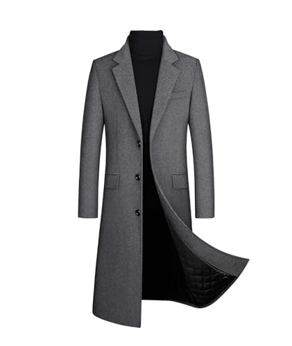 ECDAHICC Wintermantel Herren Lang Wolle Mantel Slim Fit Zweireihig Revers Herrenmantel Business Baumwolle Mantel Wollmantel(GY,XS) von ECDAHICC