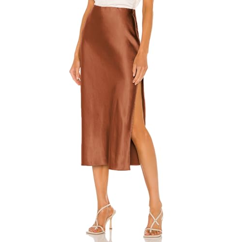 Damen-Seidenrock, lässig, ausgestellt, sexy, lockere Passform, solides Satin, Midi-Kleid, A-Linie, hohe Taille, Rock mit Schlitz, Braun, Klein von ECHOINE