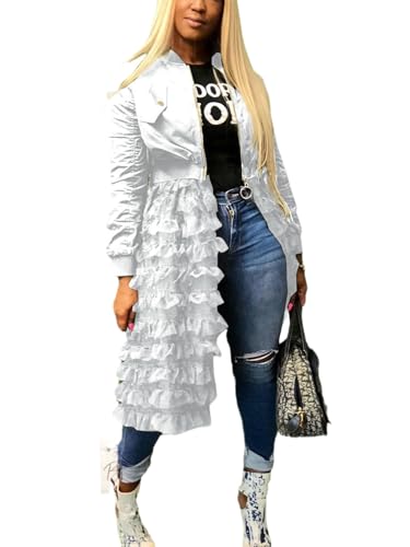 ECHOINE Frauen Casual Bomberjacke - Tüll Mesh Patchwork Langarm Reißverschluss Mantel Jacken Kleid, White-Upgrade, X-Large von ECHOINE