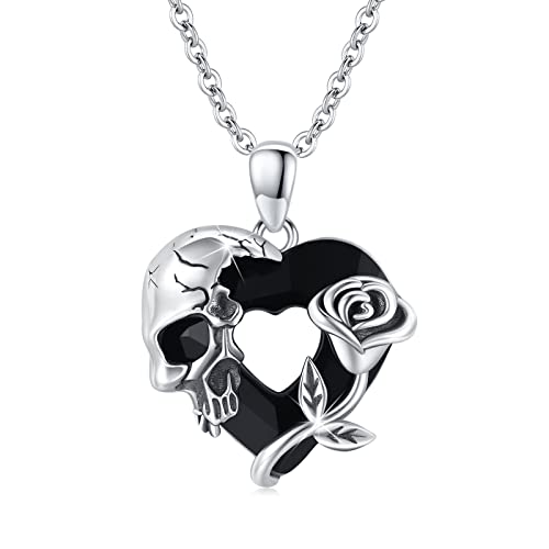 ECHOOY Gothic Schmuck Sterling Silber Schädel und Rose Schwarz Herz Anhänger Pentagramm Hexe Halskette Gothic Geschenke für Damen Herren Mädchen von ECHOOY