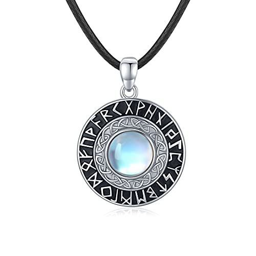 Viking Halskette Mondstein Keltischer Knoten Halskette 925 Sterling Silber Mondstein Viking Anhänger Nordischer Rune Halskette Amulett Schutz Wikinger Schmuck für Herren Damen Freund Ehemann von ECHOOY