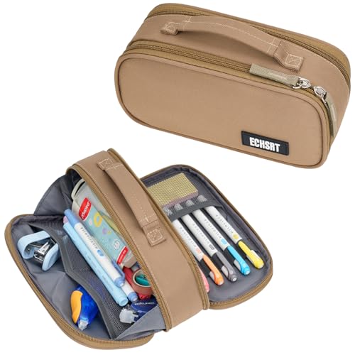 ECHSRT Taktisches Federmäppchen, extra großes Fassungsvermögen, Camouflage-Federmäppchen für Männer und Erwachsene, 3 Fächer, Reißverschluss, kleine Werkzeugtasche, Organizer für Büro, Reisen, Braun von ECHSRT