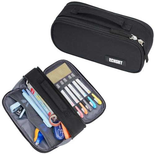 ECHSRT Taktisches Federmäppchen, extra großes Fassungsvermögen, Camouflage-Federmäppchen für Männer und Erwachsene, 3 Fächer, Reißverschluss, kleine Werkzeugtasche, Organizer für Büro, Reisen, Schwarz von ECHSRT
