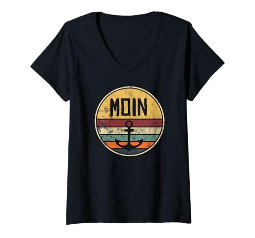 Damen Moin Anker Retro Design Outfit Hafen Küste Meer Plattdeutsch T-Shirt mit V-Ausschnitt von ECHT NORDDEUTSCH Design Outfit Mode Accessoires