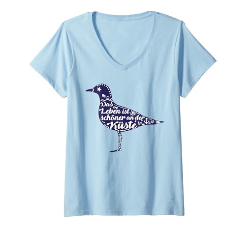 Damen Das Leben ist schöner an der Küste Design Ostsee Nordsee T-Shirt mit V-Ausschnitt Damen Das Leben ist schöner an der Küste Design Ostsee Nordsee T-Shirt mit V-Ausschnitt von ECHT NORDDEUTSCH Maritime Design Mode cessoires