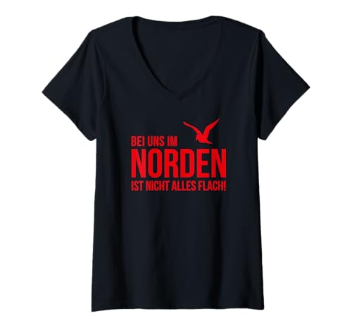 Damen Bei Uns im Norden ist Nicht Alles flach! Outfit Rotes Design T-Shirt mit V-Ausschnitt Damen Bei Uns im Norden ist Nicht Alles flach! Outfit Rotes Design T-Shirt mit V-Ausschnitt von ECHT NORDDEUTSCH Maritime Mode für den Norden
