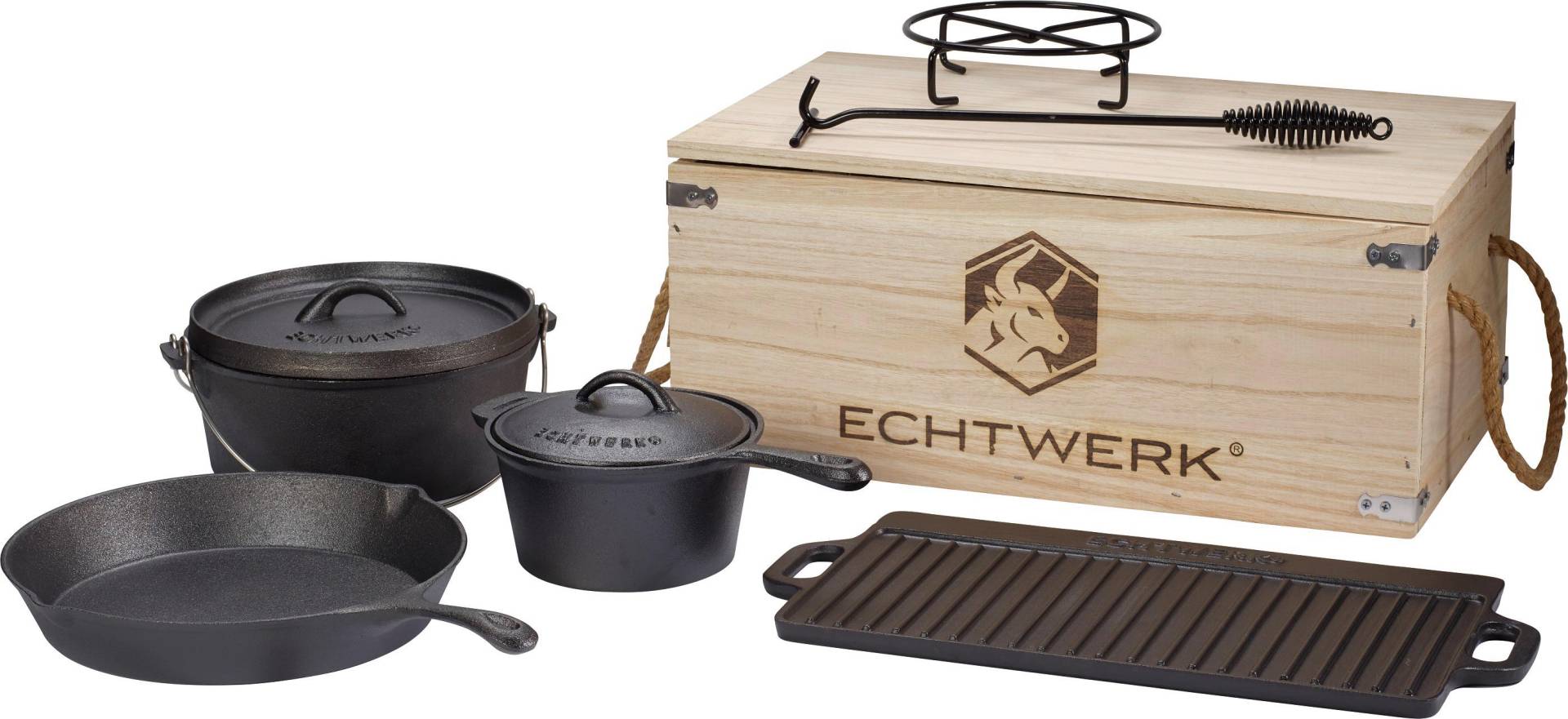 ECHTWERK Topf-Set "Dutch Oven", Gusseisen, (Set, 7 tlg., Kochtopf, Stieltopf, Pfanne, Grillplatte, Deckelheber, Untersetzer) von ECHTWERK