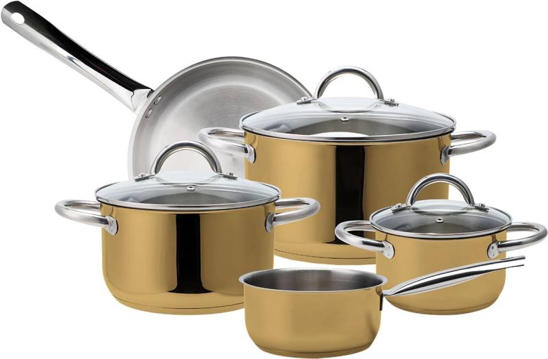 ECHTWERK Topf-Set "Gold-Edition", Edelstahl 18/8, (Set, 8 tlg., je 1 Kochtopf 16/20/24 cm, Kasserolle 16 cm, Bratpfanne 24 cm) von ECHTWERK