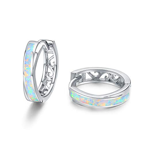 TANGPOET Mädchen Creolen Ohrringe Sterling Silber 925 Opal Kinderohrringe, Klein Hypoallergene Klappcreolen, Weißgold Damenohrringe, Schmuck Geschenke für Frauen, 15mm von TANGPOET