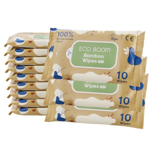 Ecoboom Feuchttücher aus Bambus, 100 % biologisch abbaubar, 99,7 % reines Wasser, 120 Tücher, 12 Packungen mit 10 Stück von ECO BY MAMI