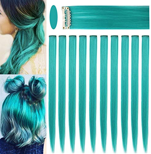 LSKJMO 10PCS 20'' Teal Hair Extensions Clip in Coloured Hair Extensions for Girls Teal blue Hairpieces Party Highlights Straight Synthetic Teal Wig Pieces for Women von LSKJMO