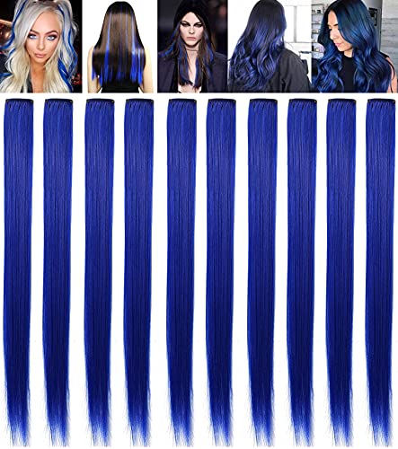 LSKJMO 10PCS 20 inch Blue Hair Extensions Clip in Colored Hair Extensions for Girls Wig Pieces for Women Colorful Party Highlights Straight Synthetic Blue Hairpieces von LSKJMO