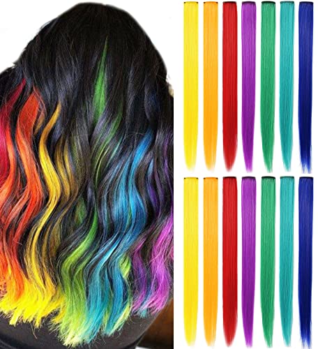 LSKJMO 14PCS 20'' Rainbow Hair Extensions for Girls Clip in Coloured Hair Extensions Colorful Hairpieces Party Highlights Straight Synthetic Multiple Colors Wig Pieces for Women von LSKJMO