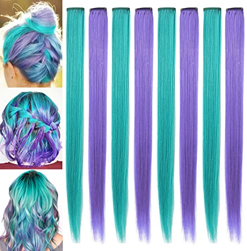 LSKJMO 8PCS 21''Teal and Purple Wig Pieces Clip in Colored Hair Extensions for Girls Colorful Party Highlights Straight Synthetic Multiple Colors Hairpieces for Kids von LSKJMO