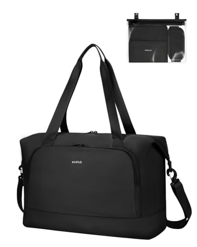 ECOHUB 30L Faltbare Reisetasche Handgepäck, Untersitz Handgepäck Tasche für Flugzeug, Easyjet handgepäck 45x36x20 Mit Abnehmbar Nass-Tasche, Recyceltes PET Weekender Damen, Patent Anhängig(Schwarz) von ECOHUB