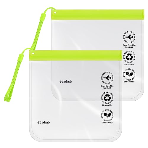 ECOHUB Kulturbeutel Transparent Flugzeug Flüssigkeiten, 2 Stück Waschtasche mit Tragegriff, 20x20cm wasserdichter Beutel, 1 Liter Beutel Flugzeug Handgepäck für Herren Damen(Hellgrün) von ECOHUB