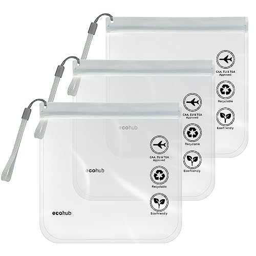 ECOHUB Kulturbeutel Transparent Flugzeug Flüssigkeiten, 3 Stück Waschtasche mit Tragegriff, 20x20cm wasserdichter Beutel, 1 Liter Beutel Flugzeug Handgepäck für Herren Damen(Grau) von ECOHUB