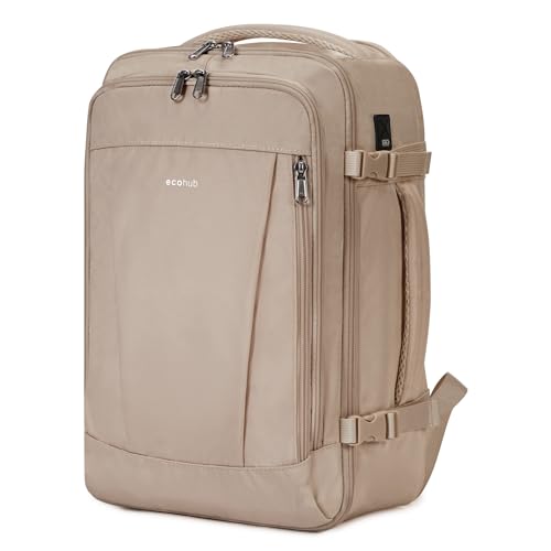 ECOHUB Rucksack 40x20x25 Ryanair Handgepäck 13 Taschen Reiserucksack Flugzeug Carry-ons Wasserdichter Rucksack Damen Klein PET-Recycelte Umweltfreundliche 20L, Patentiert(Hellbraun) von ECOHUB