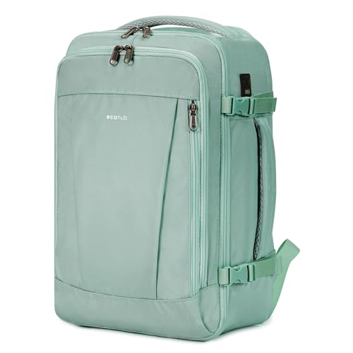 ECOHUB Rucksack 40x20x25 Ryanair Handgepäck 13 Taschen Reiserucksack Flugzeug Carry-ons Wasserdichter Rucksack Damen Klein PET-Recycelte Umweltfreundliche 20L,Patentiert(Hellgrün) von ECOHUB