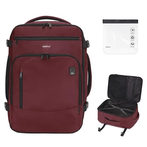 ECOHUB Rucksack Reiserucksack Flugzeug für Easyjet Handgepäck 45x36x20 Groß Rucksack Laptop Cityrucksack PET-Recycelte Umweltfreundliche Backpack Wasserfester Tagesrucksack Damen Klein,Rot von ECOHUB