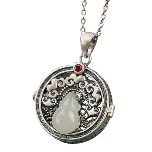 Chalcedon Halskette, Feng Shui Halskette Sterling Silber Halskette Hetian Nephrit Jade Wu Lou Charm Anhänger Halskette Glücksverheißende Wolken Runde Antik Silber Halskette Talisman Jade Amulett Fraue von ECOLFE