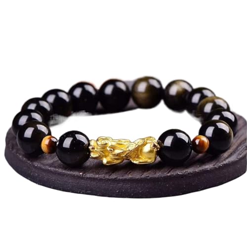 ECOLFE Armband, Geschenke für ihn, Feng Shui Armband vergoldet 3DPiyao Naturgold Obsidian runde Perle Kristall Armreif Geld Wohlstand 12 mm (Color : Golden_14mm) von ECOLFE