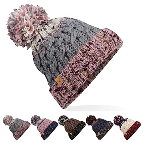 ECOMBOS Winetermütze für Damen, WarmeGestrickte Beanie, Chunky Kabel StrickmützemitPompom und Fleecefutter, DickeOhrenschutz Hut für Winter Frühling Herbst (Grau) von ECOMBOS